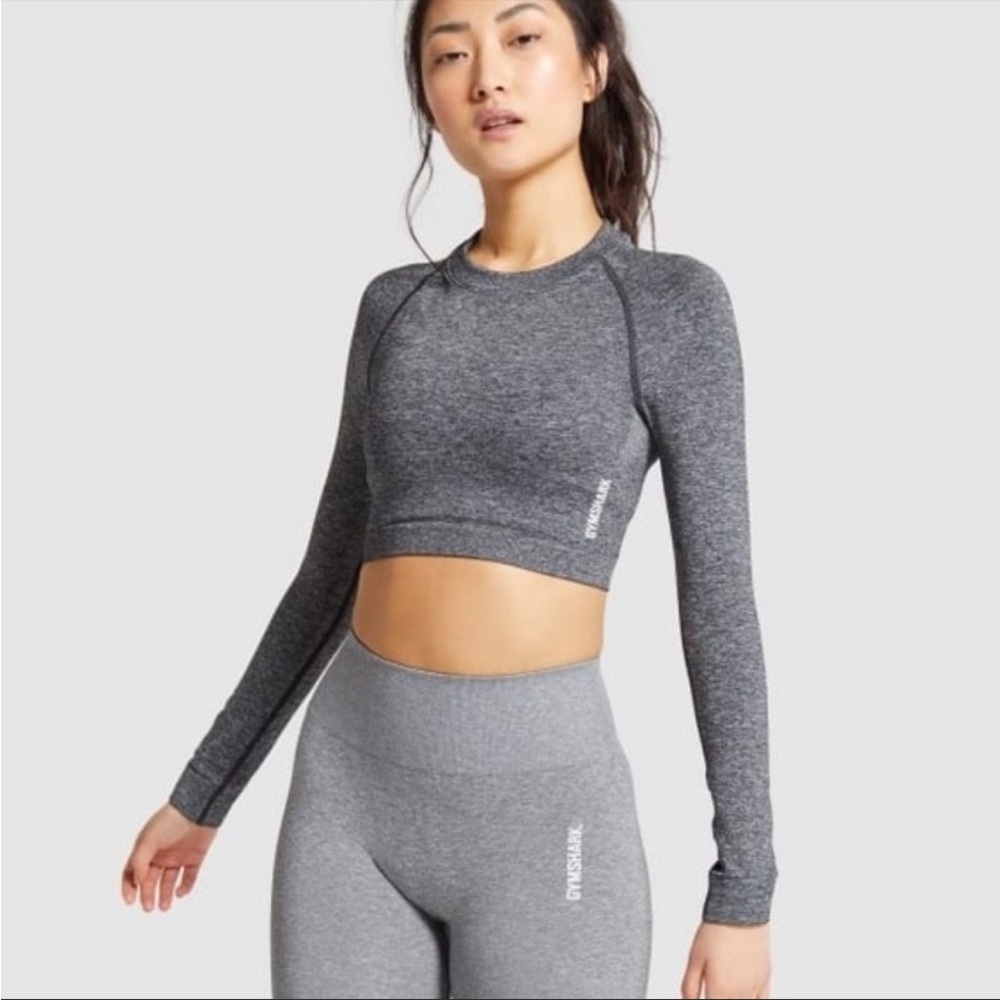 GymShark Adapt Marl Gray Long Sleeve Seamless Crop Top Activewear C1